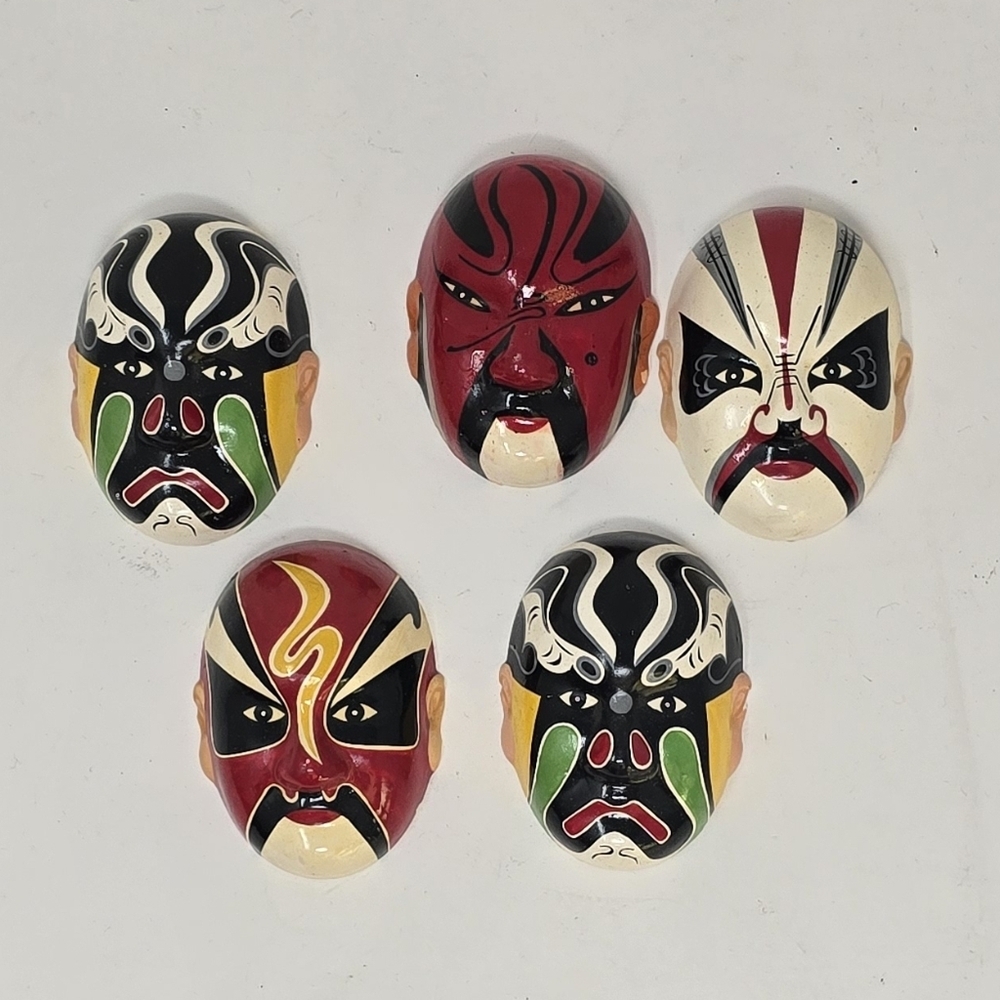 Vtg WUXI chinese handmade hand painted, 5 clay kabuki masks huishan theater